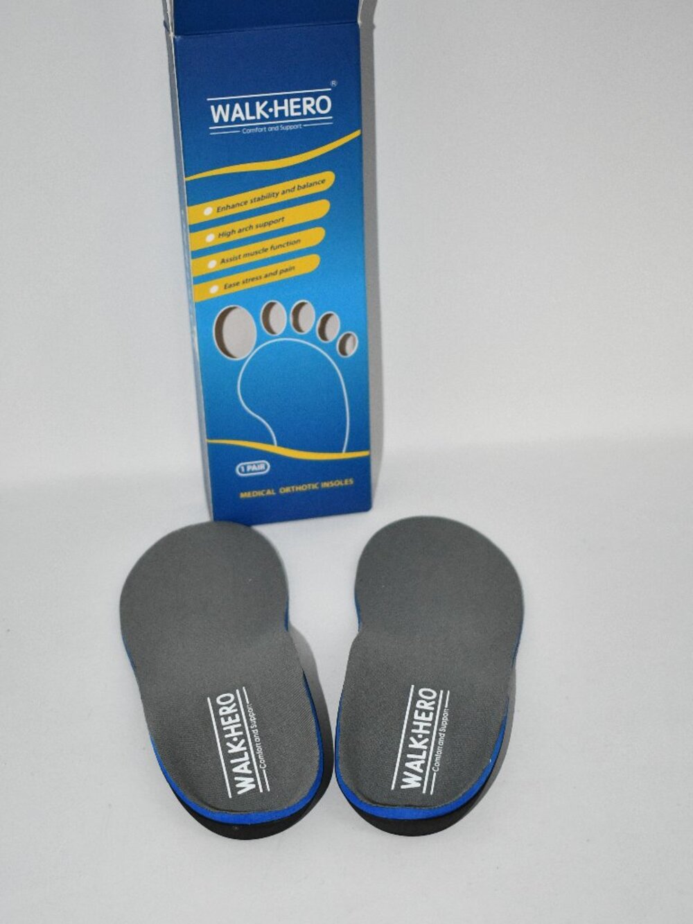 Walk hero Plantar Fasciitis Insoles, High Arch Support, Orthotic Inserts, Blue,